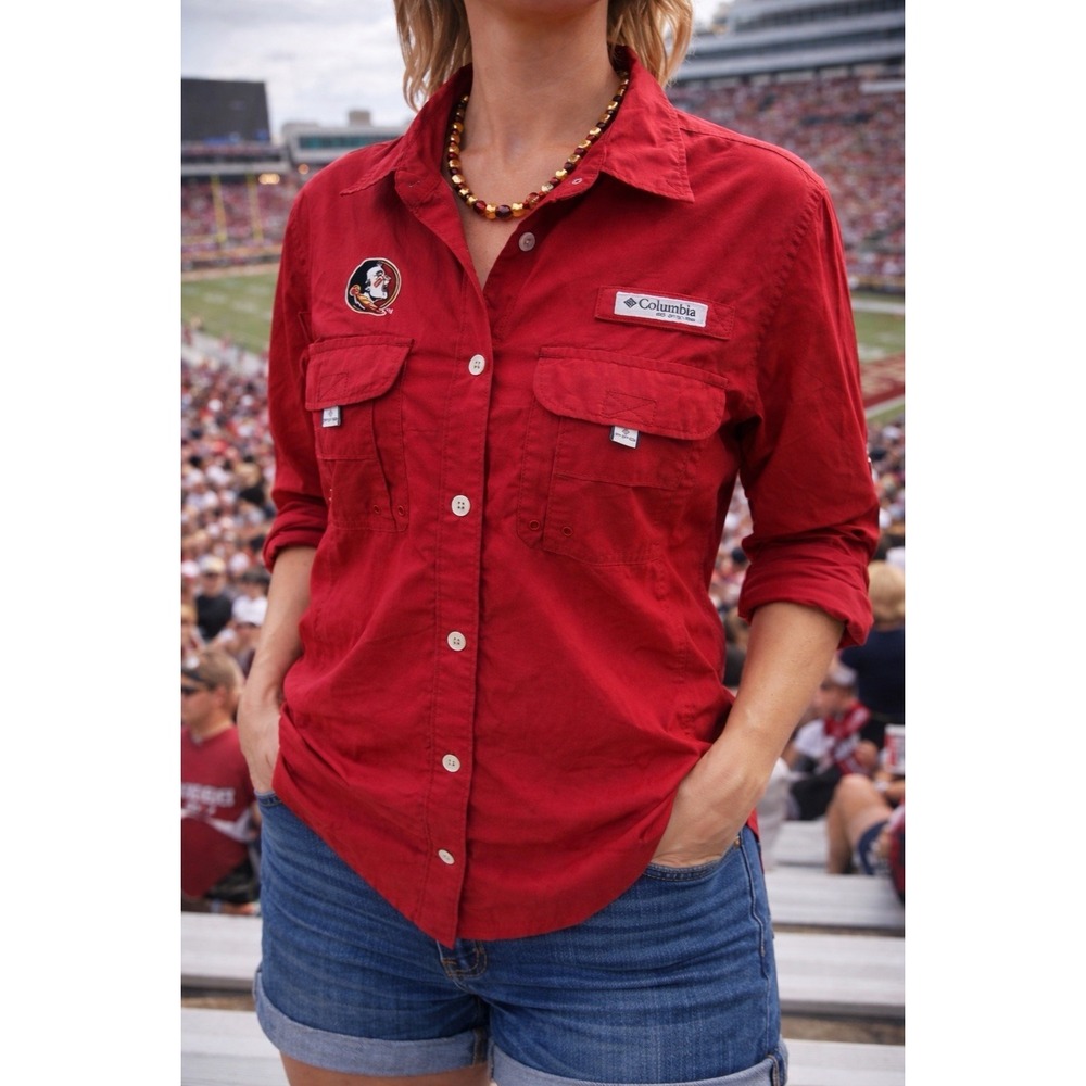 Columbia PFG FSU Seminoles Shirt Womens Small Red Fishing Vented Nylon Fishing
